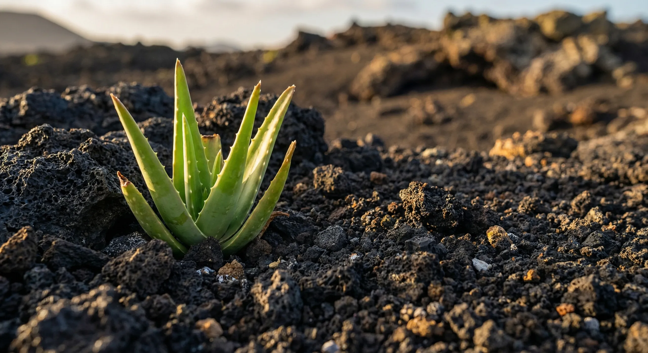 Mladá rastlina aloe vera rastúca v tmavej vulkanickej pôde Kanárskych ostrovov